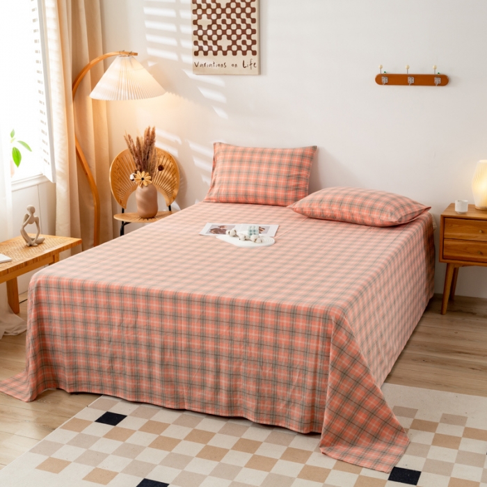 91家纺网 家纺一手货源 找家纺 九沐良品 新款A类色织水洗棉床单 芳华粉