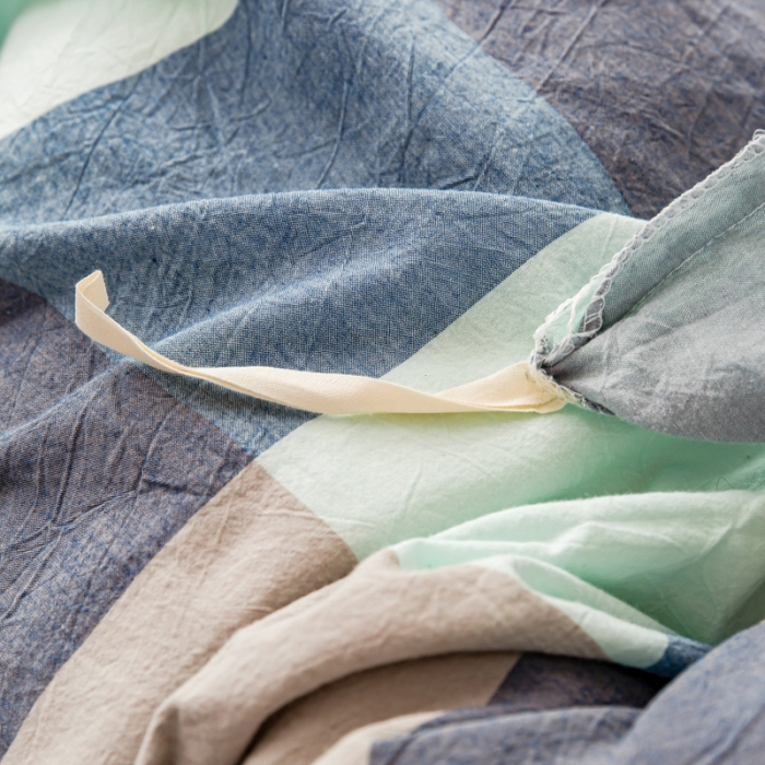 91家纺网 家纺一手货源 找家纺 九沐良品 新款A类色织水洗棉四件套单被套 米棕丈青格