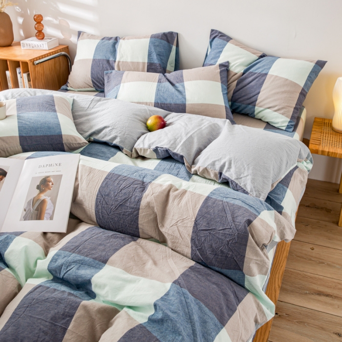 91家纺网 家纺一手货源 找家纺 九沐良品 新款A类色织水洗棉四件套单被套 米棕丈青格