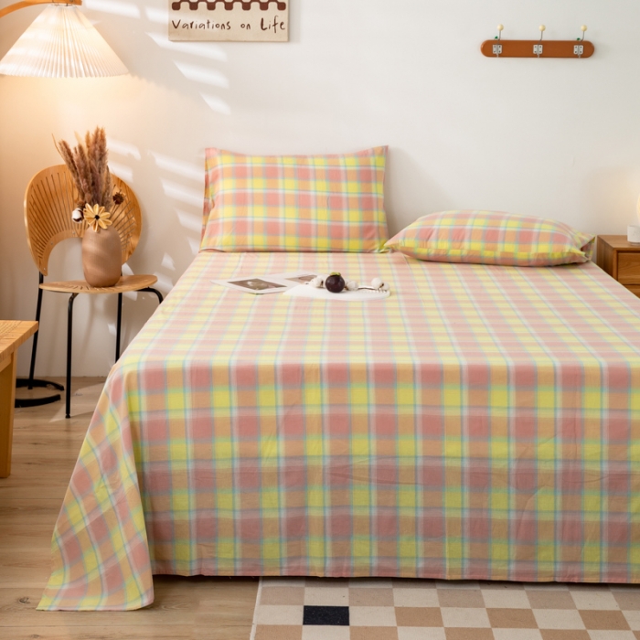 91家纺网 家纺一手货源 找家纺 九沐良品 新款A类色织水洗棉床单 弗暖粉黄