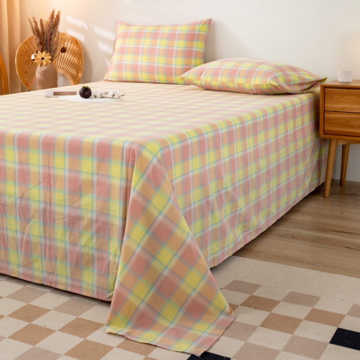 91家纺网 家纺一手货源 找家纺 九沐良品 新款A类色织水洗棉床单 弗暖粉黄