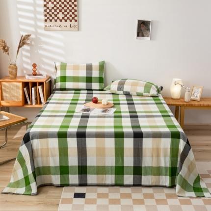 九沐良品 新款A类色织水洗棉床单 海青鲜绿格