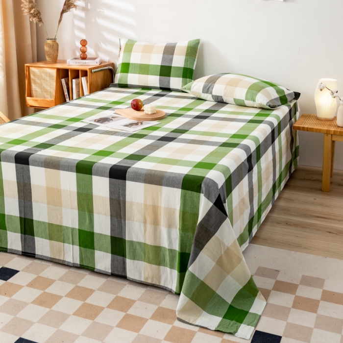 91家纺网 家纺一手货源 找家纺 九沐良品 新款A类色织水洗棉床单 海青鲜绿格