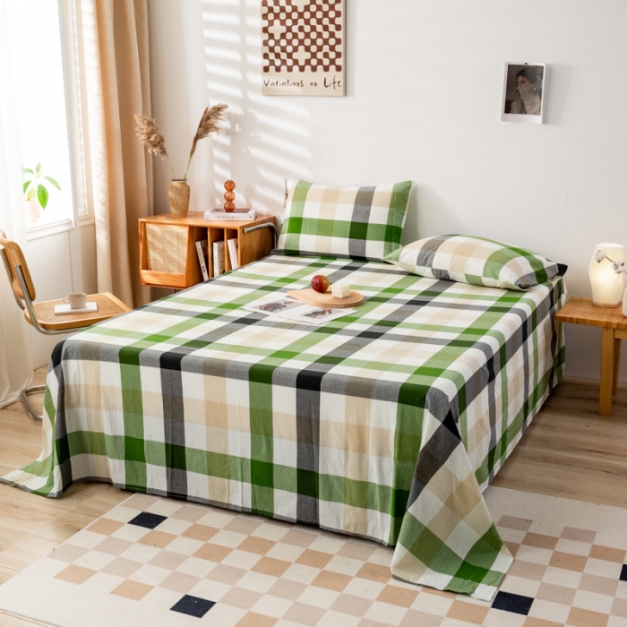 91家纺网 家纺一手货源 找家纺 九沐良品 新款A类色织水洗棉床单 海青鲜绿格