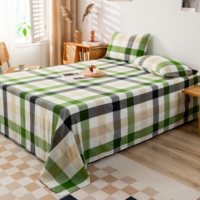 91家纺网 家纺一手货源 找家纺 九沐良品 新款A类色织水洗棉床单 海青鲜绿格