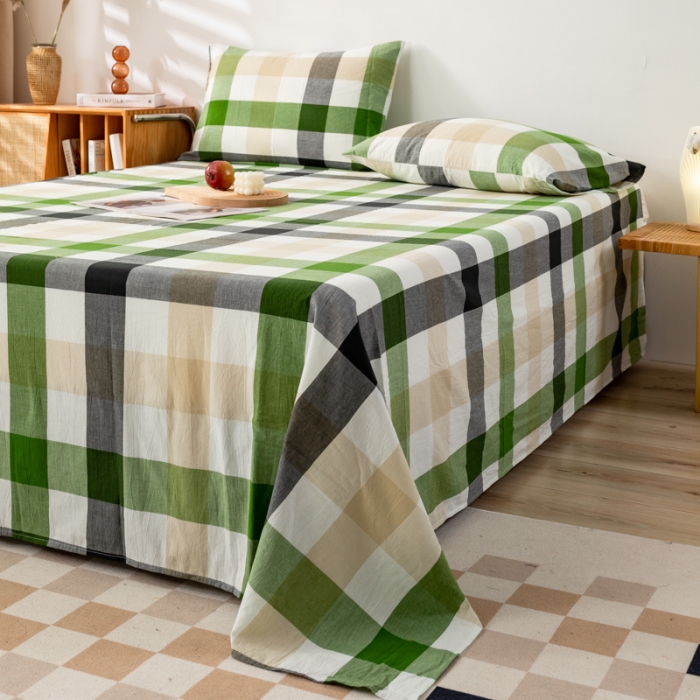 91家纺网 家纺一手货源 找家纺 九沐良品 新款A类色织水洗棉床单 海青鲜绿格