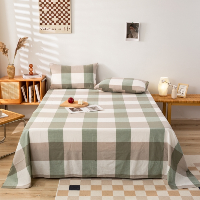 91家纺网 家纺一手货源 找家纺 九沐良品 新款A类色织水洗棉床单 绿大格