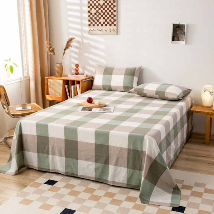 91家纺网 家纺一手货源 找家纺 九沐良品 新款A类色织水洗棉床单 绿大格