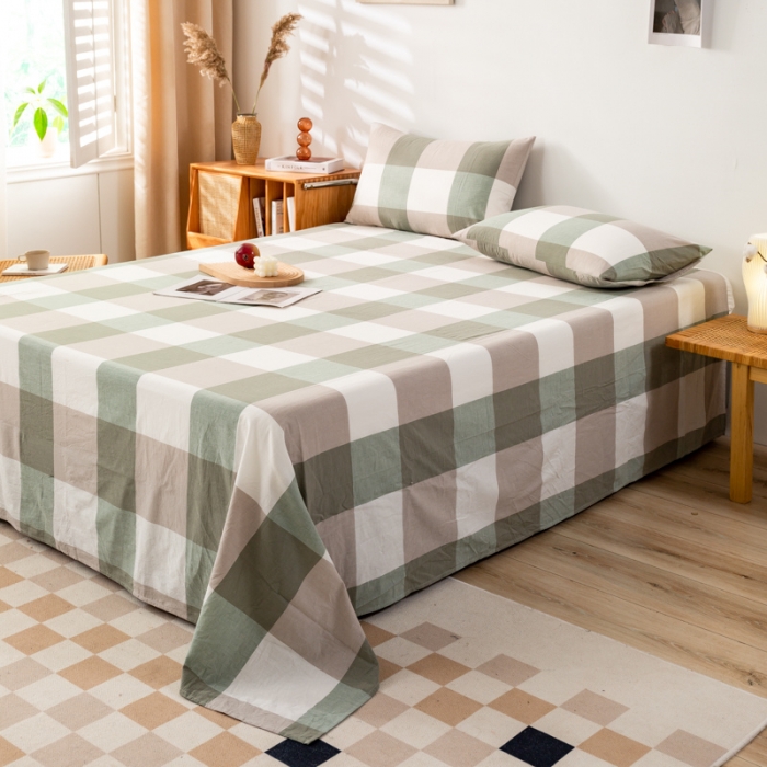 91家纺网 家纺一手货源 找家纺 九沐良品 新款A类色织水洗棉床单 绿大格