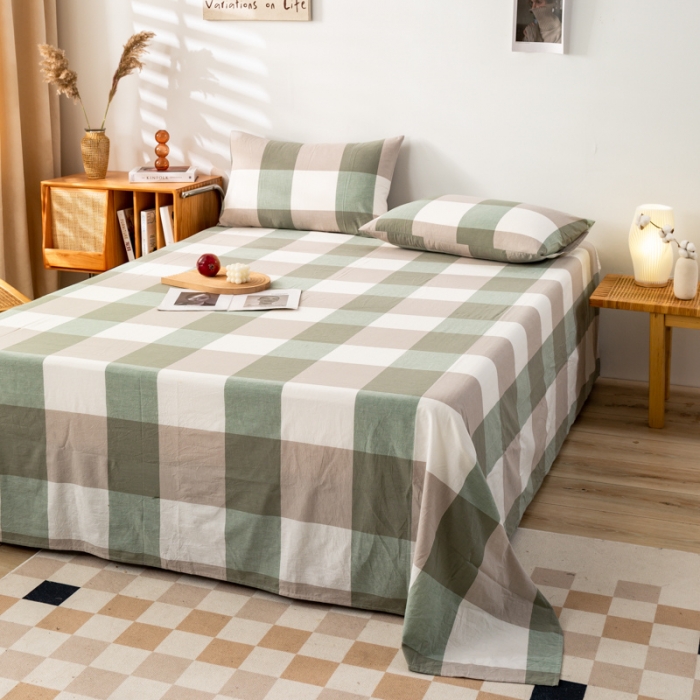 91家纺网 家纺一手货源 找家纺 九沐良品 新款A类色织水洗棉床单 绿大格