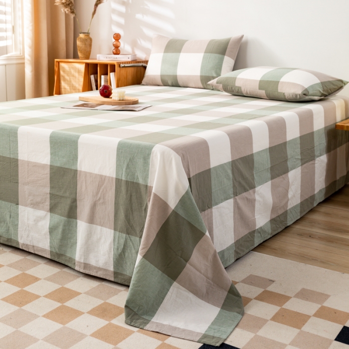 91家纺网 家纺一手货源 找家纺 九沐良品 新款A类色织水洗棉床单 绿大格