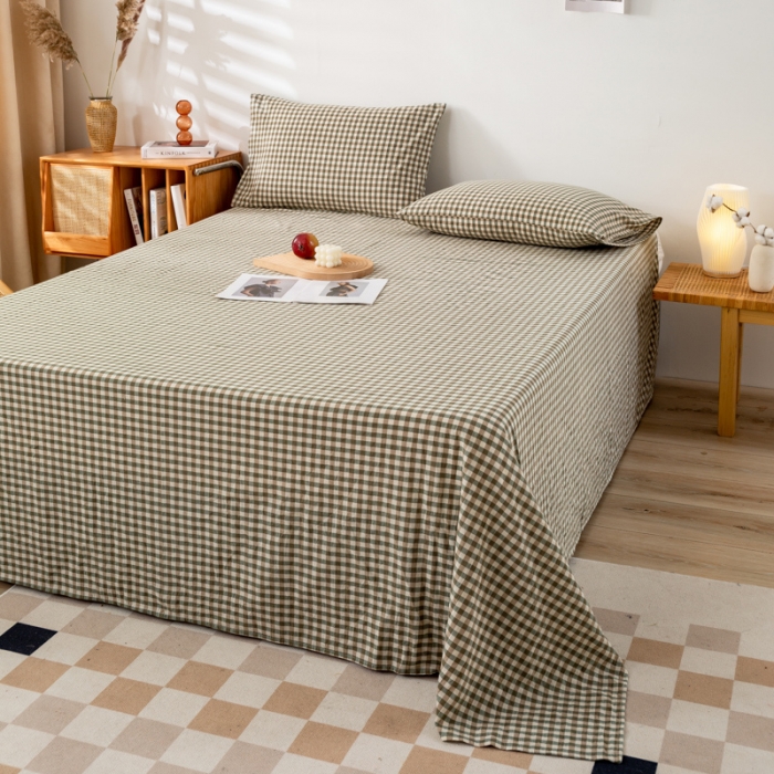 91家纺网 家纺一手货源 找家纺 九沐良品 新款A类色织水洗棉床单 绿小格