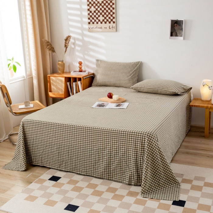 91家纺网 家纺一手货源 找家纺 九沐良品 新款A类色织水洗棉床单 绿小格