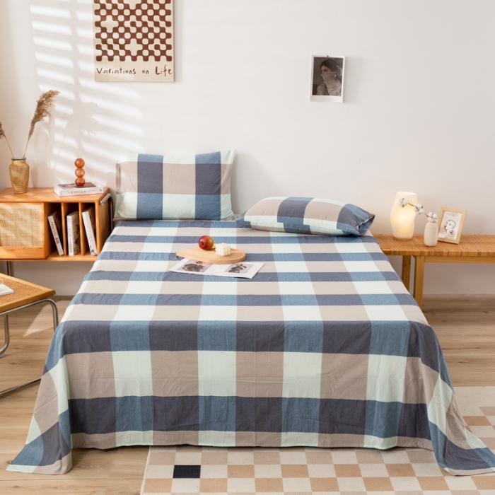 91家纺网 家纺一手货源 找家纺 九沐良品 新款A类色织水洗棉床单 米棕丈青格