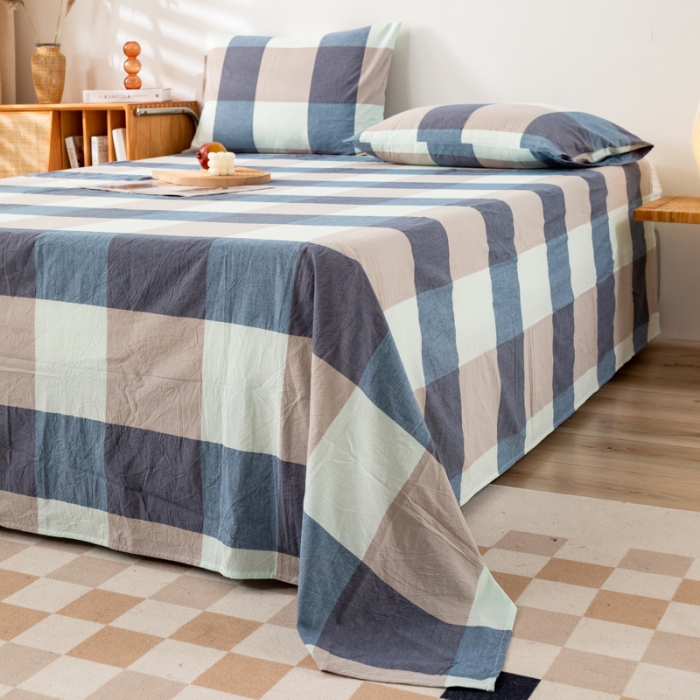 91家纺网 家纺一手货源 找家纺 九沐良品 新款A类色织水洗棉床单 米棕丈青格