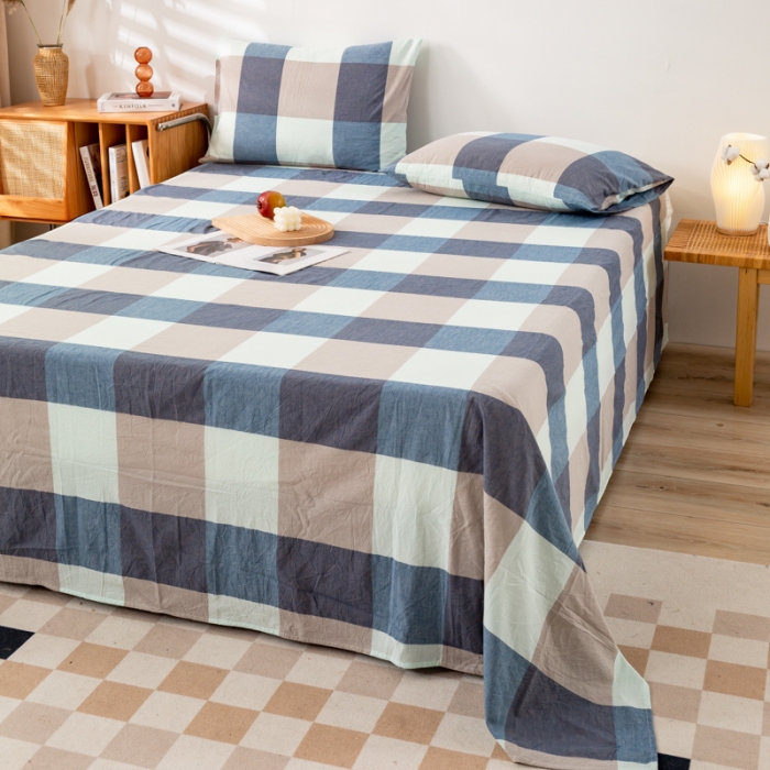 91家纺网 家纺一手货源 找家纺 九沐良品 新款A类色织水洗棉床单 米棕丈青格