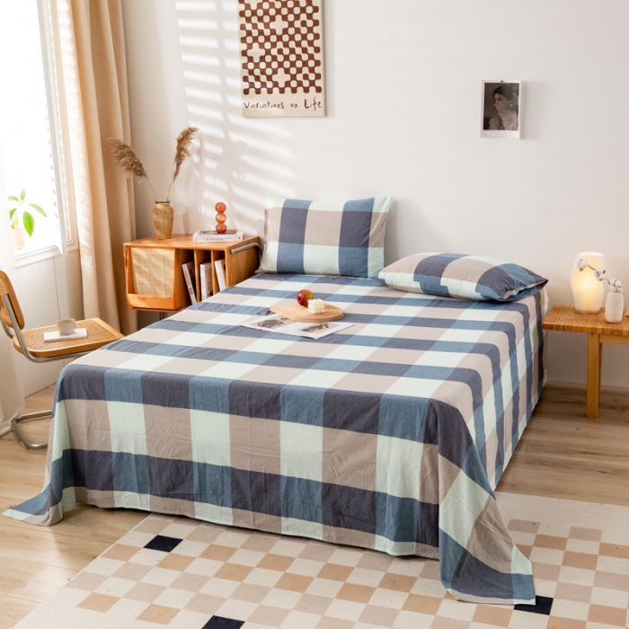 91家纺网 家纺一手货源 找家纺 九沐良品 新款A类色织水洗棉床单 米棕丈青格