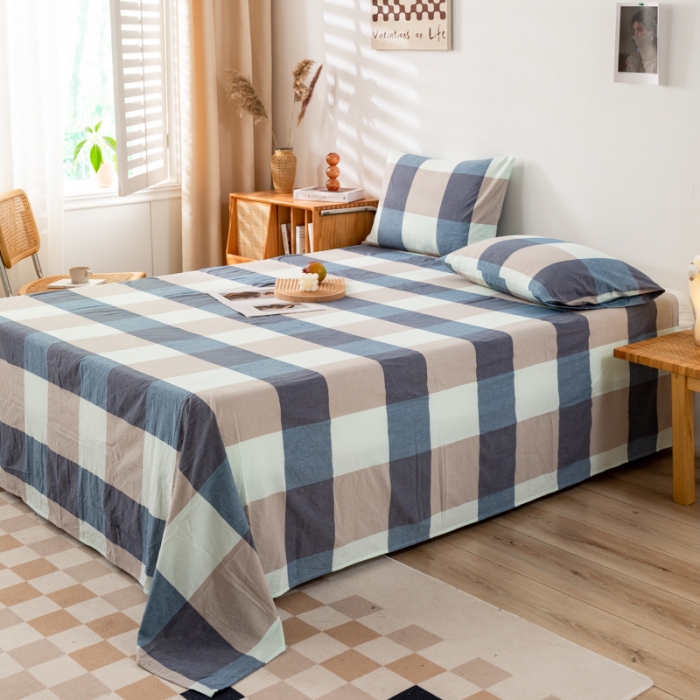 91家纺网 家纺一手货源 找家纺 九沐良品 新款A类色织水洗棉床单 米棕丈青格