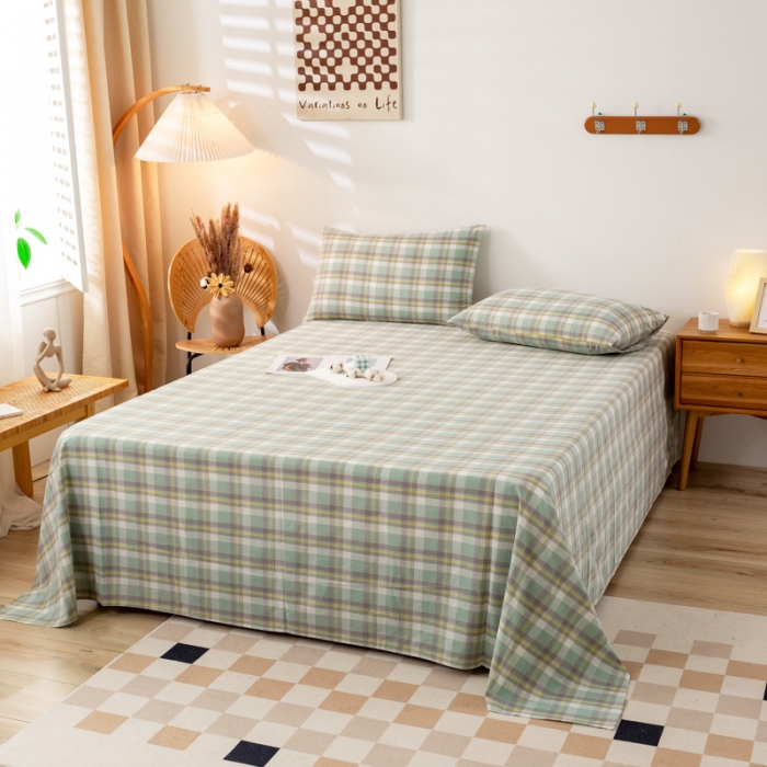 91家纺网 家纺一手货源 找家纺 九沐良品 新款A类色织水洗棉床单 莫妮卡绿