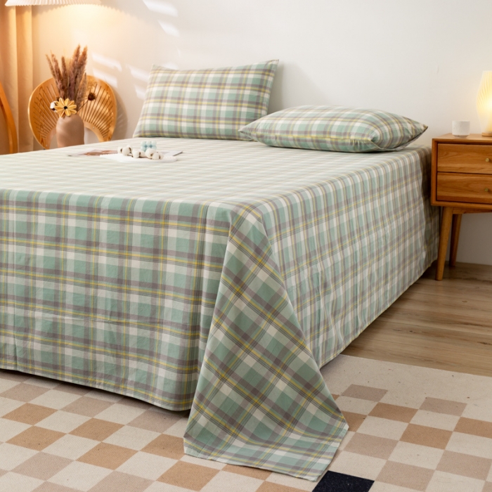 91家纺网 家纺一手货源 找家纺 九沐良品 新款A类色织水洗棉床单 莫妮卡绿