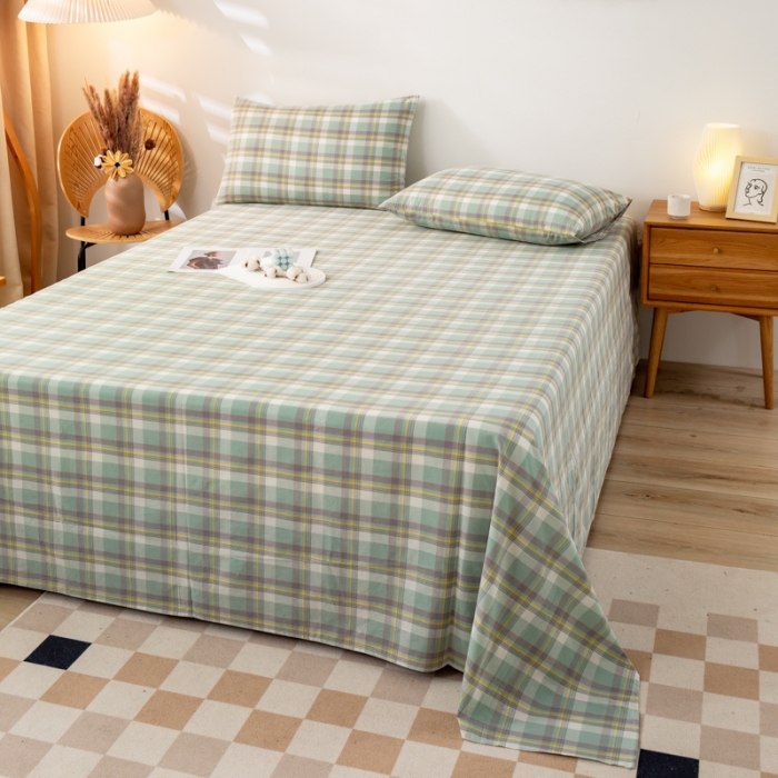 91家纺网 家纺一手货源 找家纺 九沐良品 新款A类色织水洗棉床单 莫妮卡绿