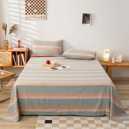 九沐良品 新款A类色织水洗棉床单 嫩绿卡其条