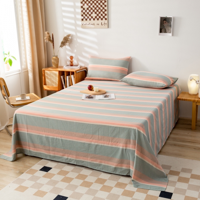 91家纺网 家纺一手货源 找家纺 九沐良品 新款A类色织水洗棉床单 嫩绿卡其条