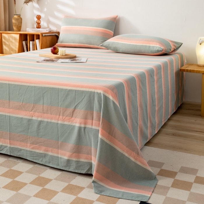 91家纺网 家纺一手货源 找家纺 九沐良品 新款A类色织水洗棉床单 嫩绿卡其条