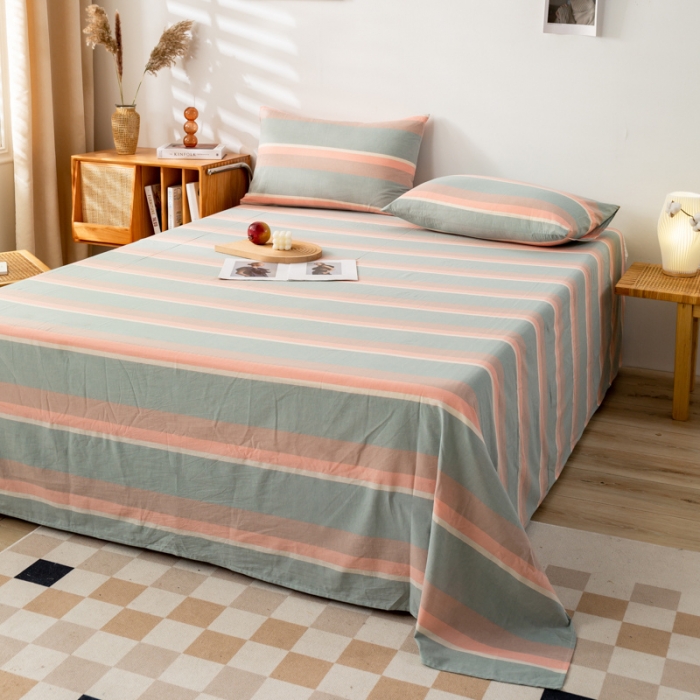 91家纺网 家纺一手货源 找家纺 九沐良品 新款A类色织水洗棉床单 嫩绿卡其条