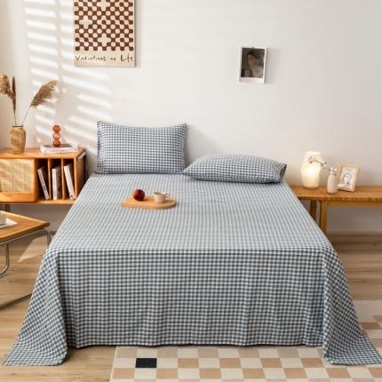 九沐良品 新款A类色织水洗棉床单 浅蓝小格