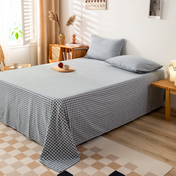 91家纺网 家纺一手货源 找家纺 九沐良品 新款A类色织水洗棉床单 浅蓝小格