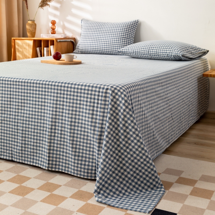 91家纺网 家纺一手货源 找家纺 九沐良品 新款A类色织水洗棉床单 浅蓝小格