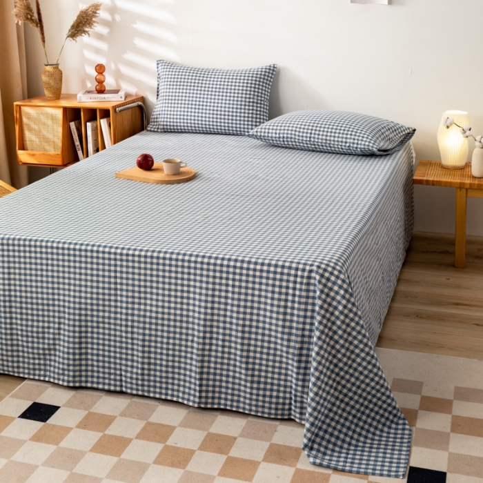 91家纺网 家纺一手货源 找家纺 九沐良品 新款A类色织水洗棉床单 浅蓝小格