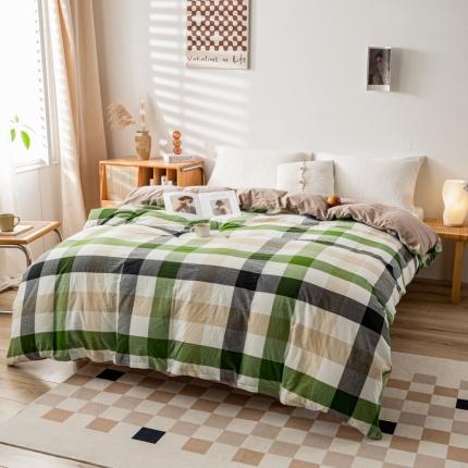 九沐良品 新款A类色织水洗棉四件套单被套 海青鲜绿格