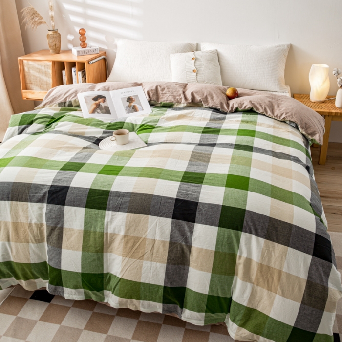 91家纺网 家纺一手货源 找家纺 九沐良品 新款A类色织水洗棉四件套单被套 海青鲜绿格