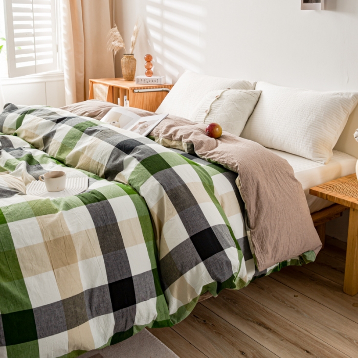 91家纺网 家纺一手货源 找家纺 九沐良品 新款A类色织水洗棉四件套单被套 海青鲜绿格