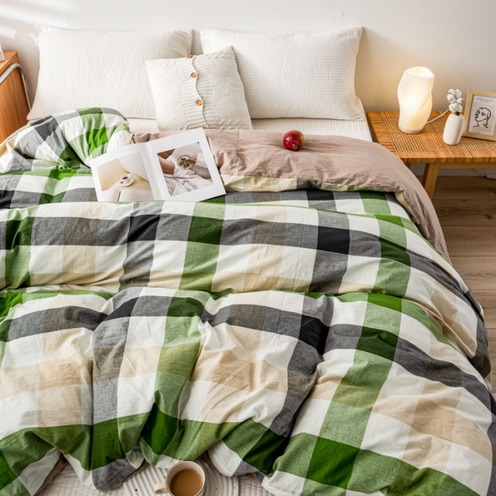 91家纺网 家纺一手货源 找家纺 九沐良品 新款A类色织水洗棉四件套单被套 海青鲜绿格