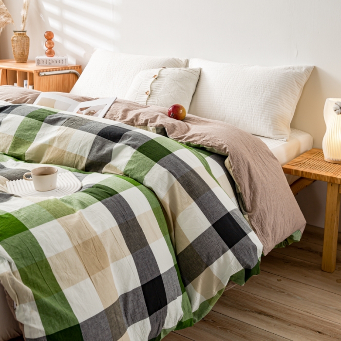 91家纺网 家纺一手货源 找家纺 九沐良品 新款A类色织水洗棉四件套单被套 海青鲜绿格