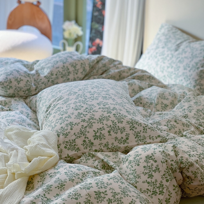 91家纺网 家纺一手货源 找家纺 时年 2023新款全棉双层纱四件套 拈花（绿）