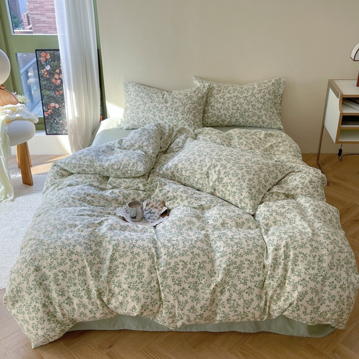 91家纺网 家纺一手货源 找家纺 时年 2023新款全棉双层纱四件套 拈花（绿）