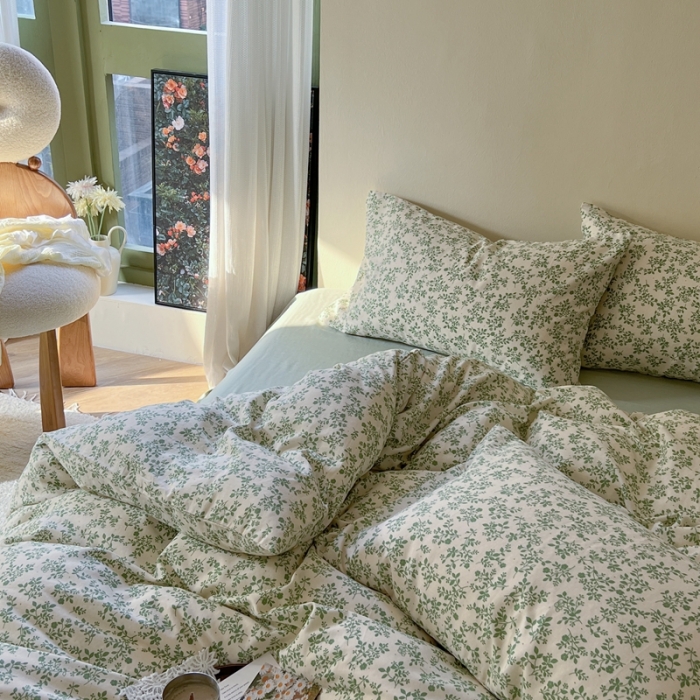 91家纺网 家纺一手货源 找家纺 时年 2023新款全棉双层纱四件套 拈花（绿）