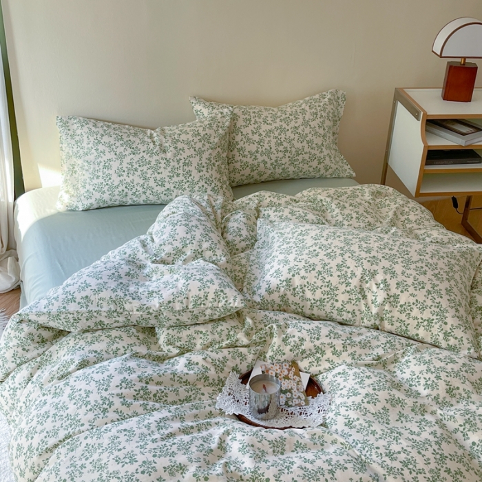 91家纺网 家纺一手货源 找家纺 时年 2023新款全棉双层纱四件套 拈花（绿）