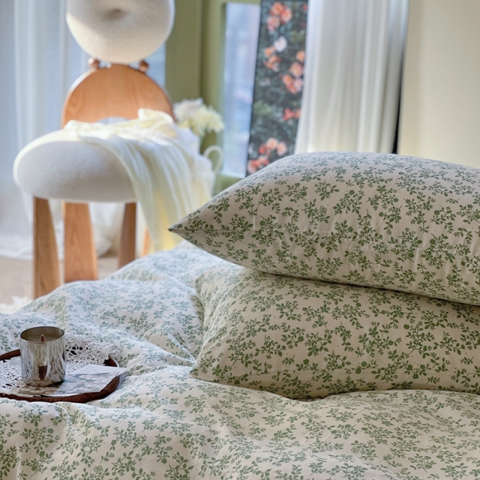 91家纺网 家纺一手货源 找家纺 时年 2023新款全棉双层纱四件套 拈花（绿）