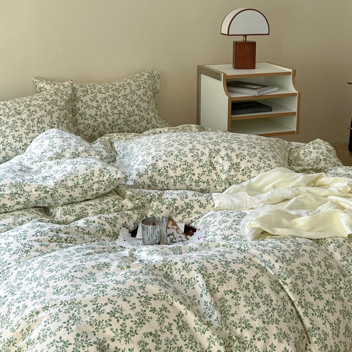 91家纺网 家纺一手货源 找家纺 时年 2023新款全棉双层纱四件套 拈花（绿）