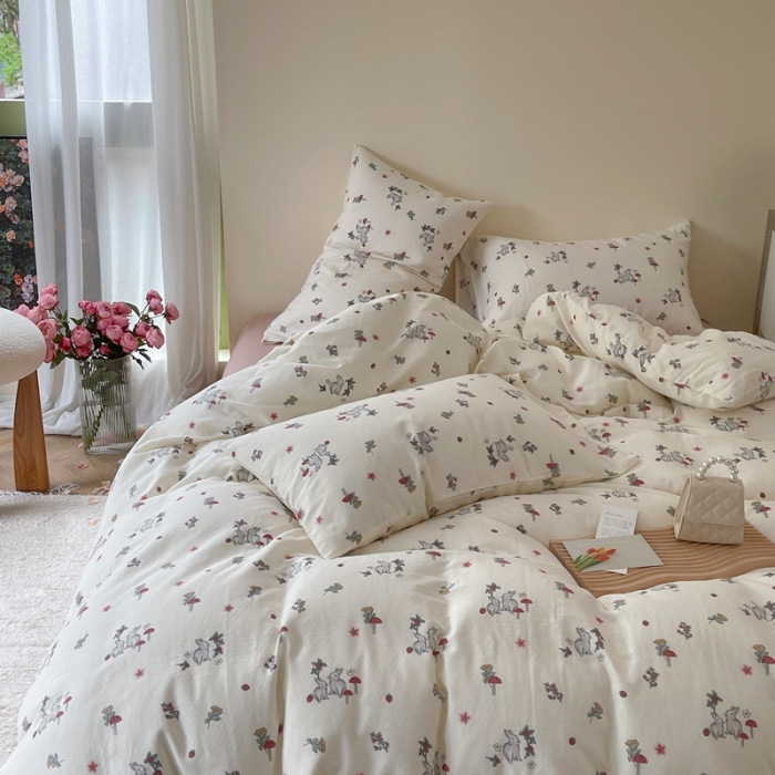 91家纺网 家纺一手货源 找家纺 时年 2023新款全棉双层纱四件套 野莓兔