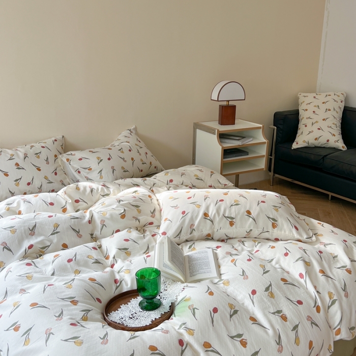 91家纺网 家纺一手货源 找家纺 时年 2023新款全棉双层纱四件套 郁金香