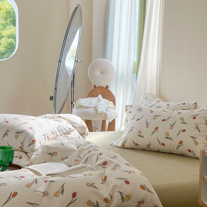 91家纺网 家纺一手货源 找家纺 时年 2023新款全棉双层纱四件套 郁金香