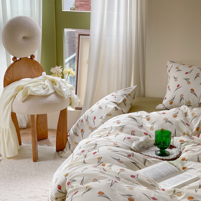 91家纺网 家纺一手货源 找家纺 时年 2023新款全棉双层纱四件套 郁金香