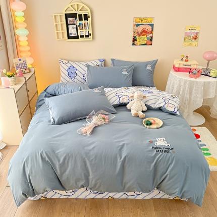 雅居纺 2023新款全棉水洗棉边角绣花四件套 顽皮熊