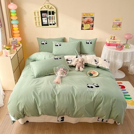 雅居纺 2023新款全棉水洗棉边角绣花四件套 熊猫墩墩